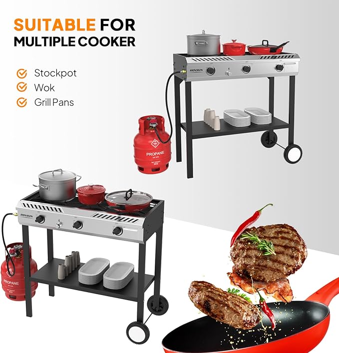 ROVSUN 3 Burner Outdoor Propane Burner with Ignition & Regulator, 225,000 BTU Powerful & Portable Gas Stove Outdoor Stand Cooker for Backyard Patio Cooking Home Camping Brewing Canning Turkey Frying