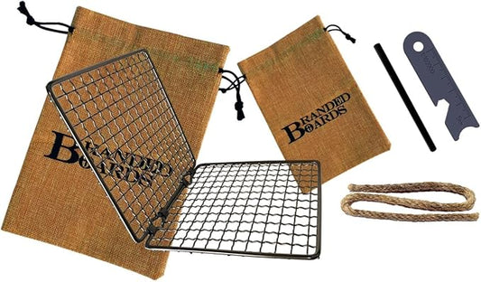 Portable Bushcraft Stainless BBQ Cooking Grill Grate, Bamboo Cutting Board, Burlap Bag, Mini Knife, Fire Starter Kits. Camping, Campfires, Backpacking, Hunting & Fishing Gear