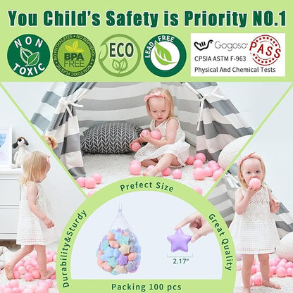 GOGOSO 100 Ball Pit Balls Star Bals - Pink Soft Plasticballs Phthalate Free BPA Free Playballs for Ballpool Birhtday Party Girls Kids with Storage Bag, 2.15inches