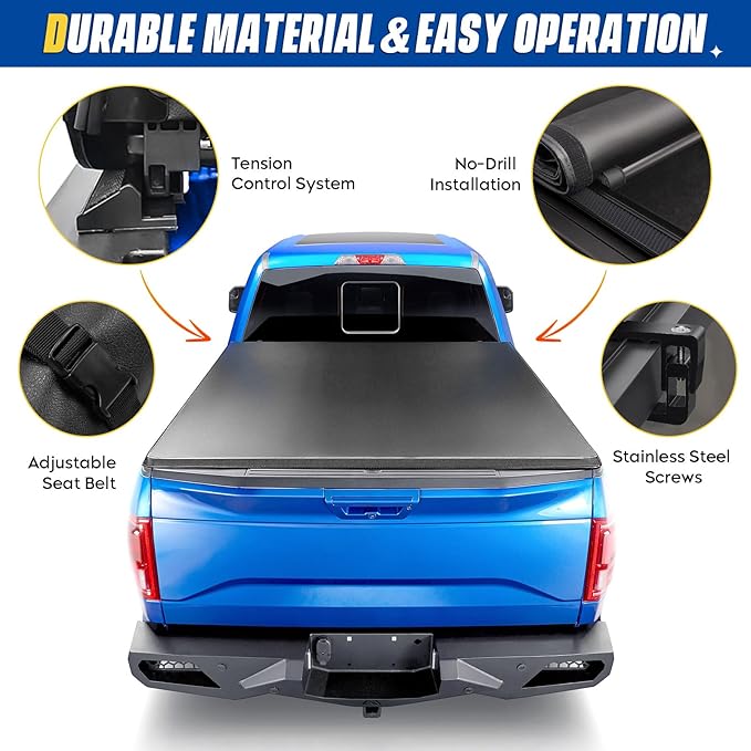 Soft Roll-up 6.4' Truck Bed Tonneau Cover for Dodge Ram 1500 2002-2018, Ram 2500 3500 2003-2024, Ram 1500 Classic 19-23 (Not for New), Fleetside 6.4 ft 76.8 in Bed