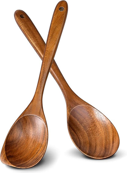 2Pcs Wooden Spoons for Cooking, Natural Premium Teak Wood Spoon & Corner Spoon