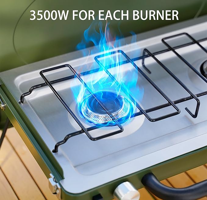 ONLYFIRE Portable Camping Stove 2-Burner, Propane Camp Stove with Foldable Legs, Camping Grill Stove with Adjustable Burners, Heavy-Duty Latch & Handle for Camping Tailgating RV BBQ, Green
