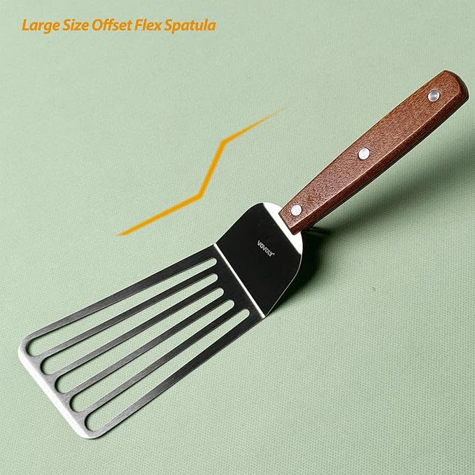 2 Pack Offset Fish Spatula Turner, Stainless Steel Slotted Spatulas for Flipping, Turning, Frying & Grilling, Offset Metal Slotted Spatulas, Wooden Full Tang Handle