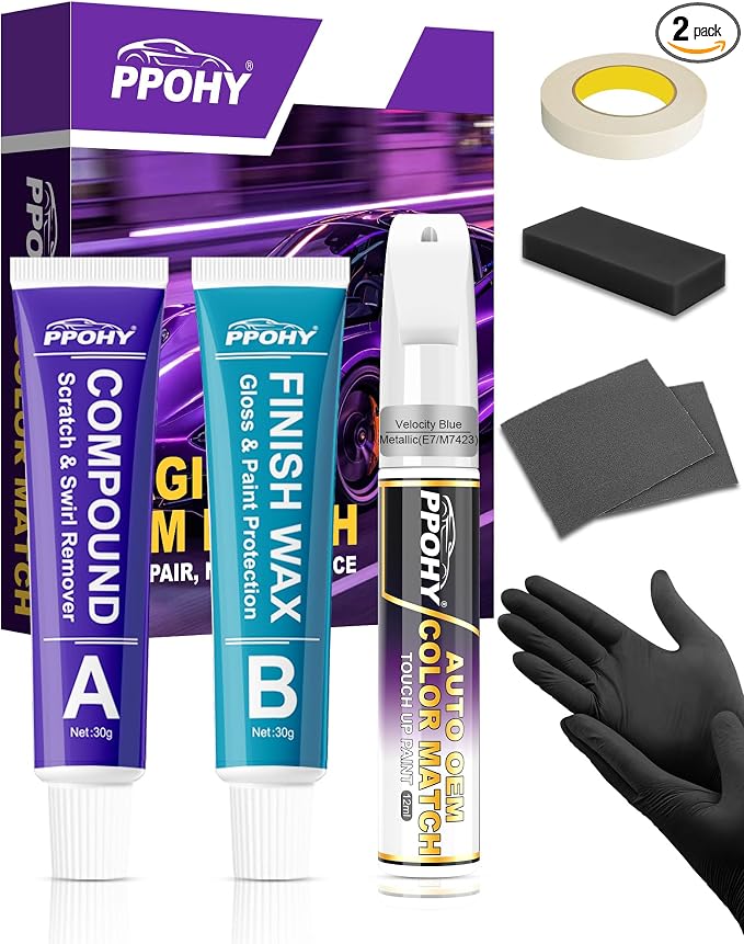 Velocity Blue Metallic(E7/M7423) Touch Up Paint for Ford with A/B Wax OEM Exact Match,Scratch Repair Kit,2-In-1 Tip/Brush,Quick Dry Anti-Rust Waterproof Paint F-150,Mustang,Explorer,Bronco