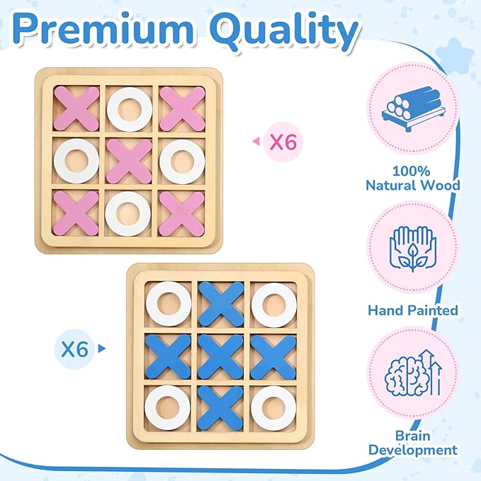 Libima 12 Pcs Wooden Tic Tac Toe Game Mini Family Board Games Classical Puzzle Chess Tabletop Teaches Strategy & Focus, Gifts for Halloween/Road Trip/Travel/Christmas Strategy Toys(Bright Color)