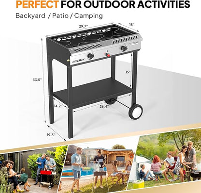 ROVSUN 2 Burner Outdoor Propane Gas Stove with Auto-ignition, Regulator & Shelf, 150,000 BTU Powerful Stand Cooker for Backyard Patio Cooking Home Brewing Canning Turkey Frying
