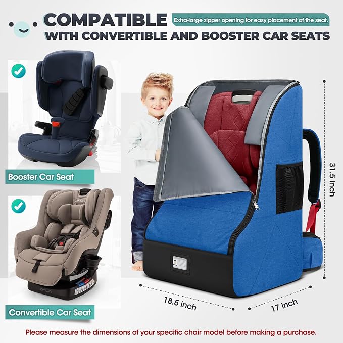 RAINSMORE Padded Car Seat Travel Bag for Airplane Heavy Duty Car Seat Backpack for Air Travel Baby Carseat Cover Bags for Airport Large Car Seats Carrier Fits Car Seats & Booster Seats,Blue