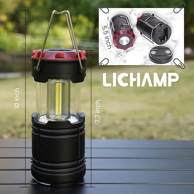 Lichamp Collapsible 2-Pack Camping Lanterns, 300LM COB Light & 150LM Flashlight with Red Strobe/SOS, Magnetic Base, Battery-Powered for Hiking, Power Outages and Emergency