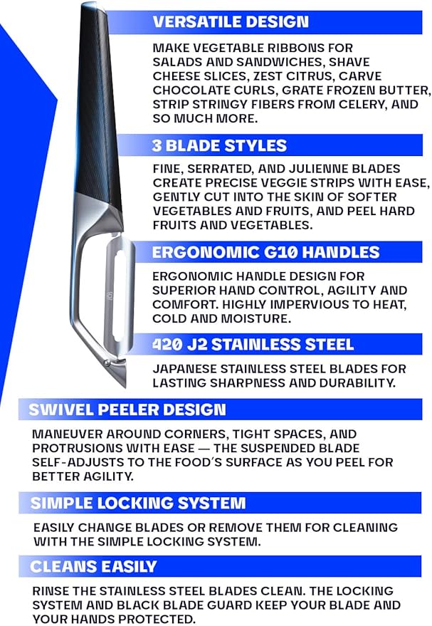 DALSTRONG Razor VX - I Straight Peeler - High Carbon Stainless Steel - Non Slip G10 Handle - Fine, Serrated & Julienne Blades Set - Premium Vegetable, Fruit, Potato Peeler for Kitchen