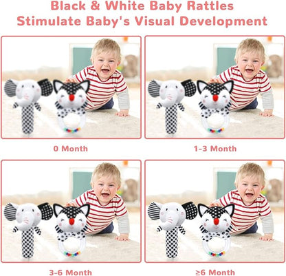 Baby Rattles & Toys - 0-3 Months, High Contrast Black & White Plush Stuffed Toys for Infants