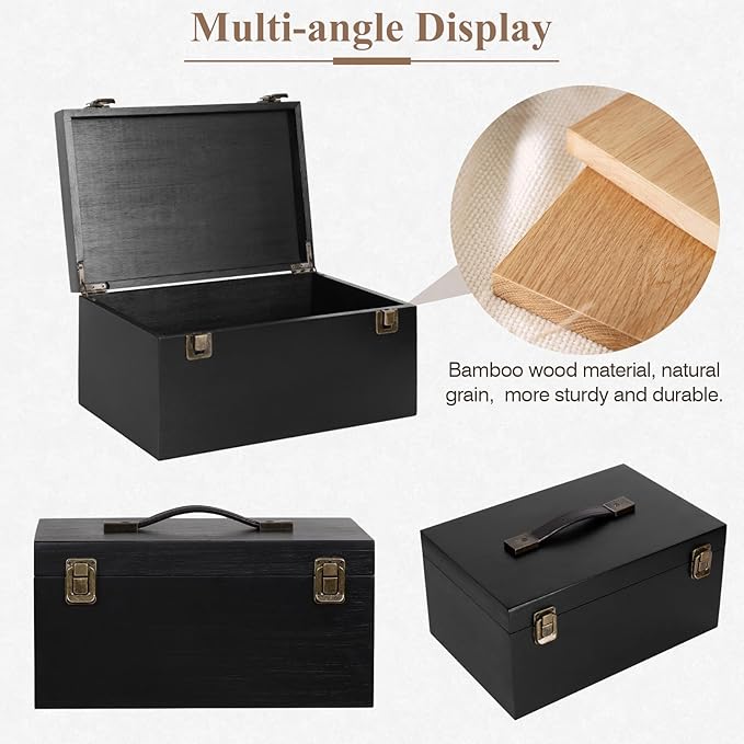 ANMINY Wooden Keepsake Memory Box with Lid Bamboo Wood Storage Box with Hinged Lid & PU Leather Handles Large Decorative Wooden Chest Box for Crafts Stash Gifts - Black, 11.8" L x 7.8" W x 5.9" H