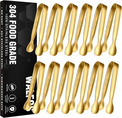 Walfos Small Gold Tongs For Serving,Food Grade Stainless Steel 4" Mini Tongs Appetizers for Parties Catering, Sugar，Desserts，Tea Party, Coffee Bar, Set of 12 （Gold）