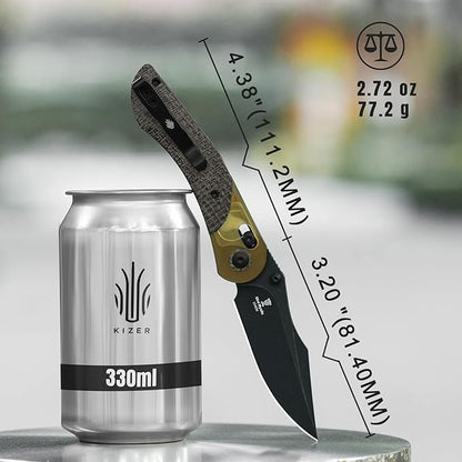 Kizer Mini Mystic Pocket Knife, 3.2" 154CM Blade EDC Hunting Survival Knife with Black Burlap Micarta and Yellow PEI Handle, Camping Folding Knives with Clutch Lock & Thumb Stud Opener, V3636C1