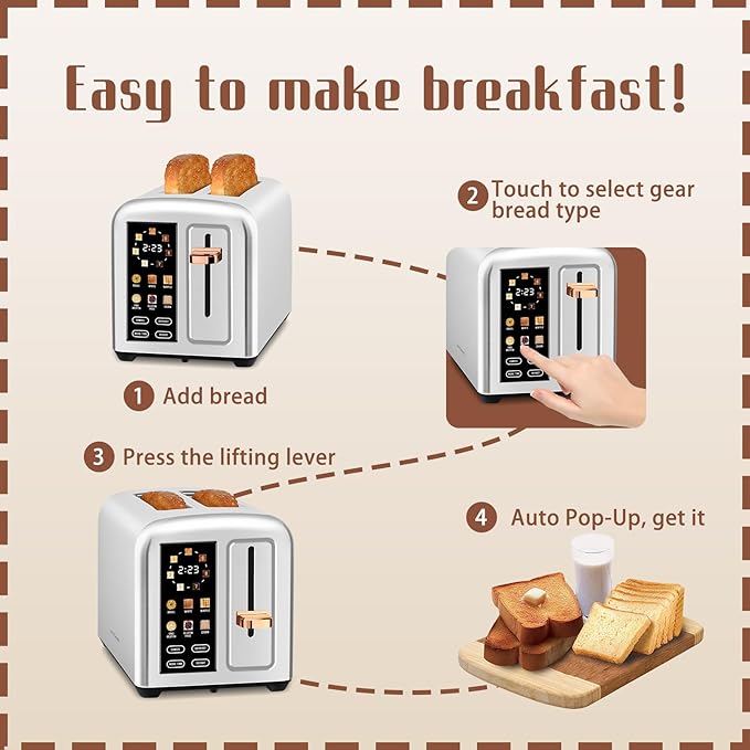 SEEDEEM Toaster 2 Slice with Touch Screen, Faster Heating Speed, 7 Shade Setting