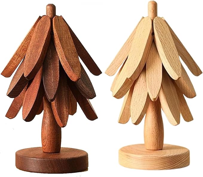Natural Wood Tree Trivet Set, 𝐍atural Tree Trivet Set - 4 Wooden Trivets,4 Wooden 𝐓rivets & 1 Stand Like a Christmas Trees,for Hot Dish,Pot,Bowl,Teapot,Hot Pot Sets (2Color 3 Trivets,2set)