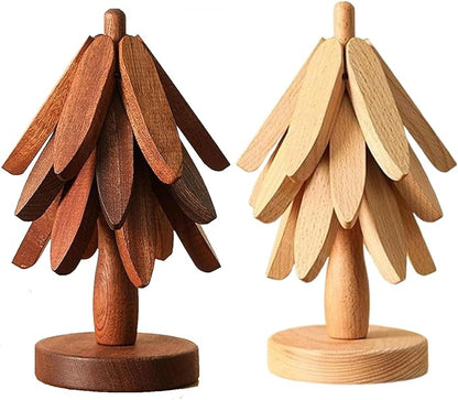 Natural Wood Tree Trivet Set, 𝐍atural Tree Trivet Set - 4 Wooden Trivets,4 Wooden 𝐓rivets & 1 Stand Like a Christmas Trees,for Hot Dish,Pot,Bowl,Teapot,Hot Pot Sets (2Color 3 Trivets,2set)
