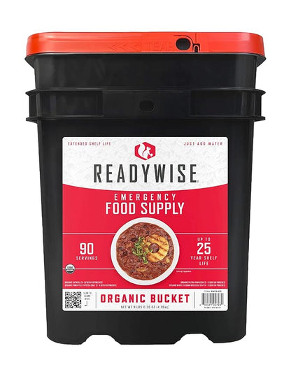 ReadyWise Emergency Food Supply - 90 Servings Organic Bucket, Protein Meals, Dehydrated & Freeze Dried Survival Food for Backpacking, Camping Essentials & Prepping Supplies, up to 25 Year Shelf Life