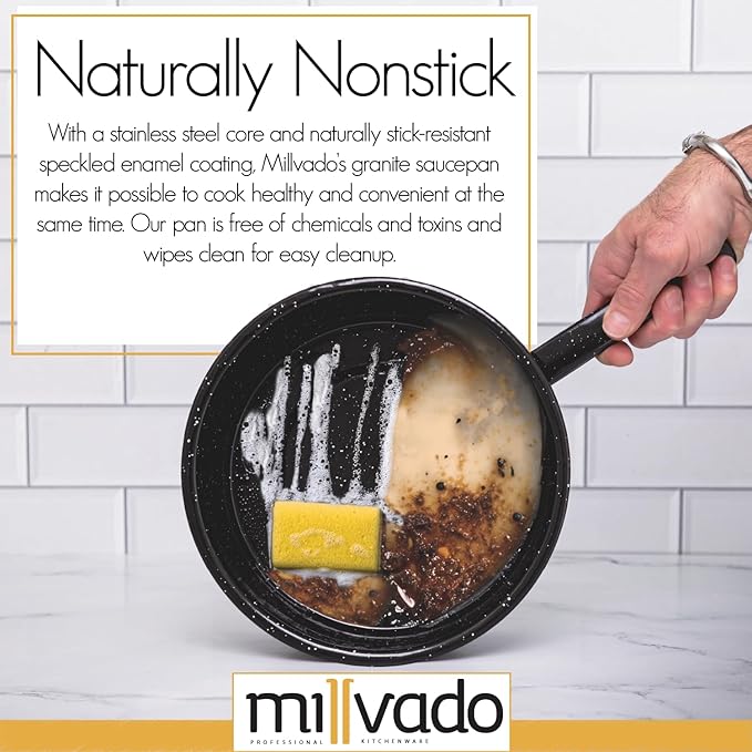 4 Quart Granite Saucepan, Naturally Nonstick Sauce Pots, Speckled Enamel Ware Cookware, Small Sauce Pan for Cooking and Boiling - Granite Cooking Pot for Stovetop, Campfire, Outdoor Stove