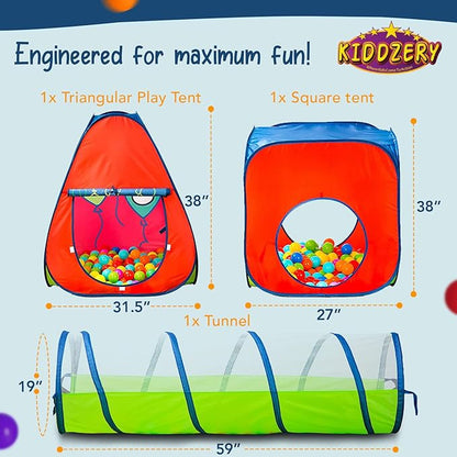 Kiddey 3-in-1 Kids Pop-Up Play Tent, Crawl Tunnel, & Ball Pit Set with 50 Play Balls - 3 Piece Durable Pretend Playhouse Tent for Boys, Girls, Toddlers & Pets - Indoor & Outdoor with Carry Case
