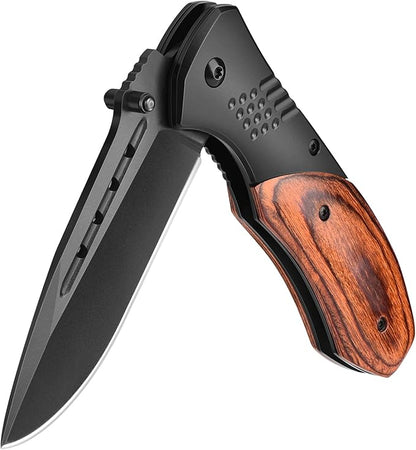 Pocket Knife for Men - 2.98" Sharp Blade Wood Handle Pocket Folding Knives with Clip, Glass Breaker - Small EDC Knives for Survival Camping Hunting Fishing Hiking Women, Black