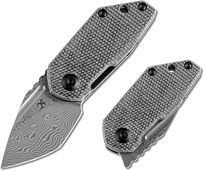KANSEPT RIO Mini Pocket Folding Knives EDC Camping Folding Knife 1.56'' Damascus Blade Pocket EDC Knife with Black Micarta Handle Everyday Carry K3044D1