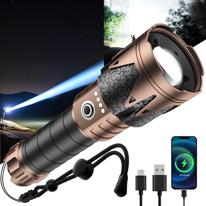 SKYFIRE LED Flashlights High Lumens,3000lm Super Bright Tactical Flashlights, Zoomable,Five Modes,Waterproof Flash Light for Camping Essentials,Outdoor,Home,Gifts(Upgraded- No Lens)
