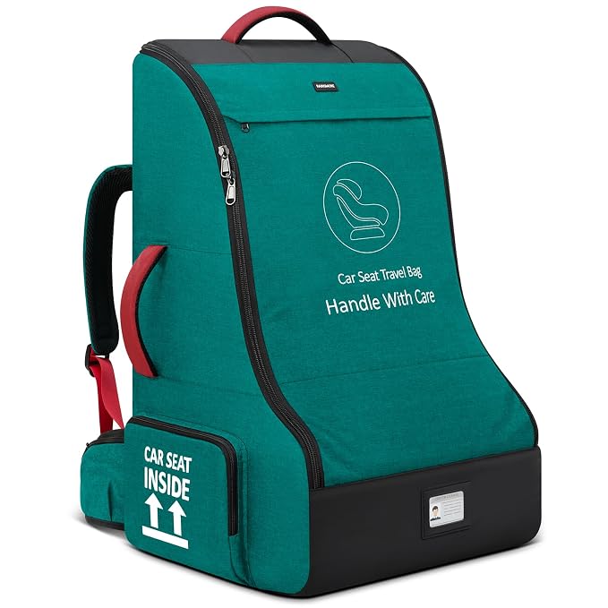 RAINSMORE Padded Car Seat Travel Bag for Airplane Heavy Duty Car Seat Backpack for Air Travel Baby Carseat Cover Bags for Airport Large Car Seats Carrier Fits Car Seats & Booster Seats, Green