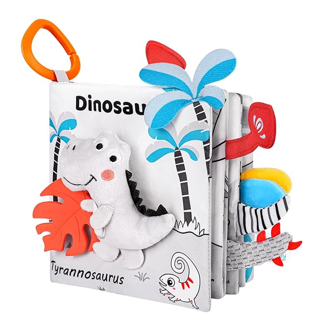 Dinosaur Fabric Book- Crinkle Sound, Touch & Feel, Press Squeaker with Soft Tail Plus Teether Feature - Baby Books Toys for Newborn Infants 0-12 Months (Teether Safe, Machine Washable)