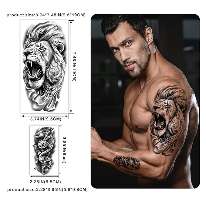 77 Sheets Forest Animals Temporary Tattoo for Women Men, 17 Sheets Half Arm Large Lion Tiger Wolf Fake Tattoos, 60 Sheets Black Skull Owl Bear Tiny for Adult Kids Body Tattoos Stickers Realistic