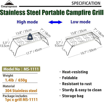 CAMPINGMOON Portable Folding Camping Campfire Grill over Fire Split Stoves 304 Stainless Steel (13.8?™’L (MS-1111))