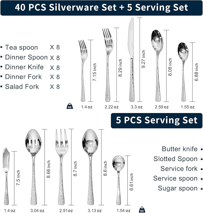 KINGSTONE Hammered Silverware Set, Flatware Set with Serving Utensils, 18/10 Stainless Steel Premium Cutlery with Unique Ripple Handles Design Mirror Polished - Dishwasher Safe (45-Piece)
