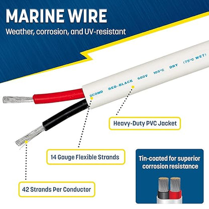 GS Power 100 Ft Duplex Marine Wire, 14 Gauge Wire, Oxygen-Free Tinned Copper 14