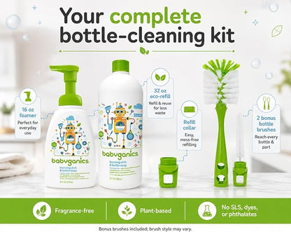 Baby ganics 16 Ounce Dish Dazzler Foaming Dish and Bottle Soap with Refill Kit BUNDLED with Two (2) Bottle Brushes BONUS | Baby bottle and dish soap bundle with refill and 2 bottle brushes. Plant-based, fragrance-free foaming soap.