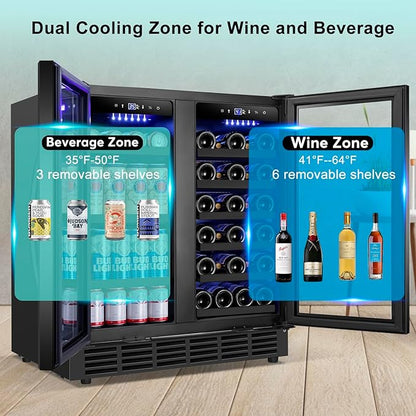 30'' Wine and Beverage Refrigerator, Upgrade Dual Zone Wine Cooler, 30 Inch