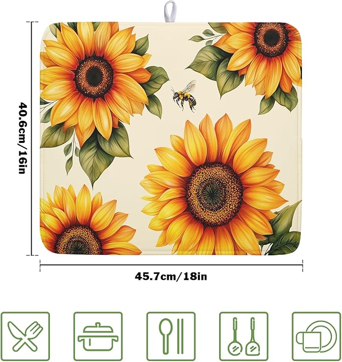 Spring Summer Dish Drying Mat 16x18 Inch Absorbent Reversible Sunflower Drying