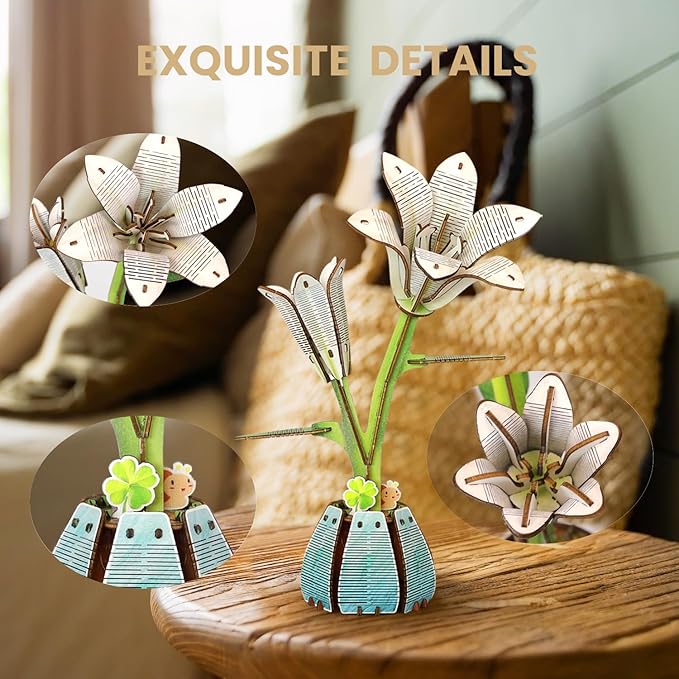 Jege 3D Flowers Wooden Puzzles for Adults,DIY Wooden 2 Flowers per Kit Building Set for Home Decor, Creative Craft Gift Toys Kits with 2 Perfume Bottles and Diffuser Sticks (Rose + Lily)