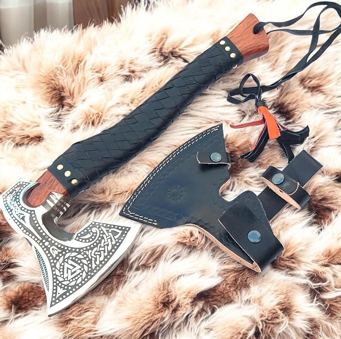 AX-7000 Custom Gift Forged Carbon Steel Viking Axe with Rose Wood Shaft, Viking Bearded Camping Axe (AX-7000) (AX-7091)