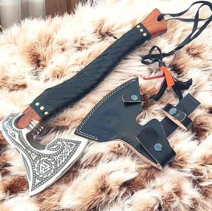 AX-7000 Custom Gift Forged Carbon Steel Viking Axe with Rose Wood Shaft, Viking Bearded Camping Axe (AX-7000) (AX-7091)