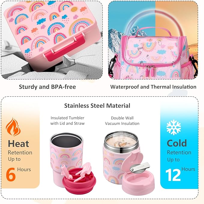 Lunch Box Set with Bento Box Container, 17OZ Stainless Steel Food Soup Thermo, Kids Water Bottle & Portable Insulated Lunch Bag – Leakproof, Hot/Cold Retention for School, Travel(Pink-Rainbow)