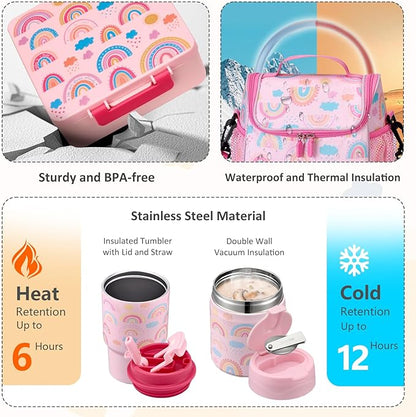 Lunch Box Set with Bento Box Container, 17OZ Stainless Steel Food Soup Thermo, Kids Water Bottle & Portable Insulated Lunch Bag – Leakproof, Hot/Cold Retention for School, Travel(Pink-Rainbow)
