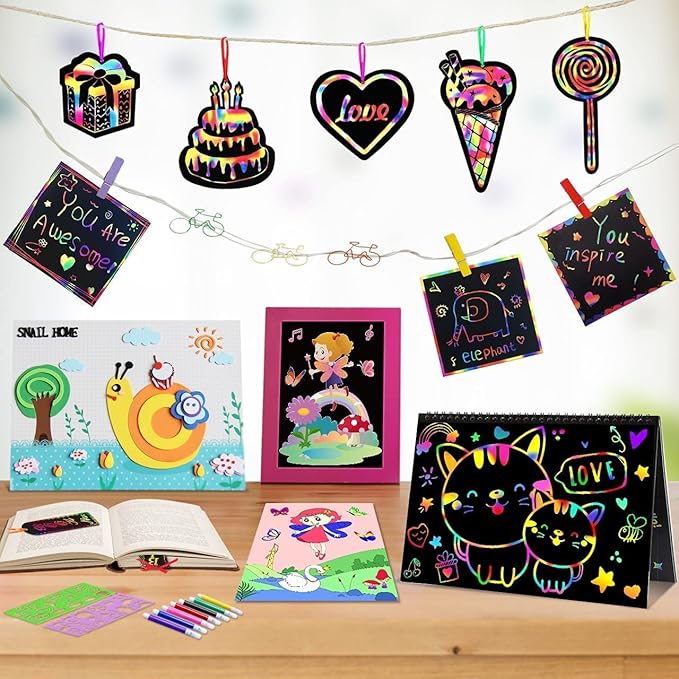 ZMLM Easter Gift Art Craft Kit: Rainbow Scratch Paper Magic Art Note DIY Party Craft Project Supply Toddler Drawing Valentine's Day Activity Kid Travel Toy 3-12 Year Old Birthday Holiday