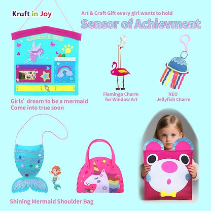 Kruft in Joy My First Sewing Kit Fun Felt Craft for Kids-8 Easy DIY Project twiggle Stuffed Animal Doll Plush Pillow Bag Charms Unicorn Mermaid Bear Fox Owl,Learn to Sew Embroidery Gift for Girl 5 12