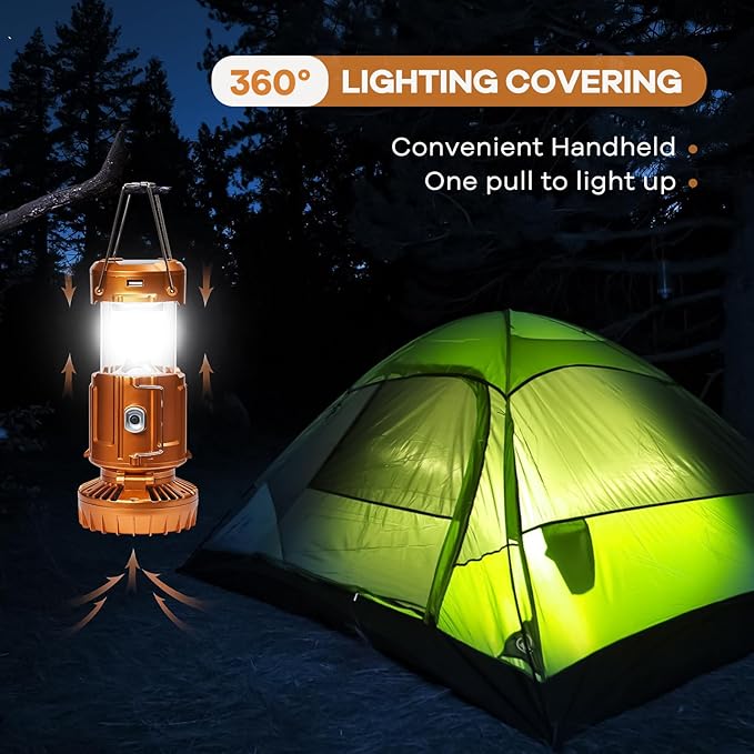 Camping Lanterns with Fan,Solar Camping Fan Charging for Phone, Rechargeable LED Lanterns Camping Fans for Tents Power Outage Hurricanes Camping Gear(Gold)