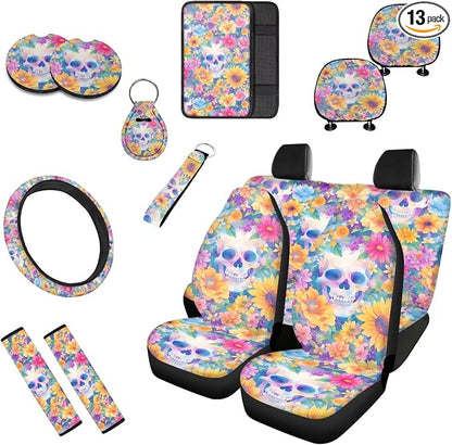 Skull 13 Pcs Car Seat Covers Full Set, Mexico Sunflower Skeleton Front Rear Auto Seat Cover Armrest Pad, Flower Field Steering Wheel Cover Headrests Coaster Keychain