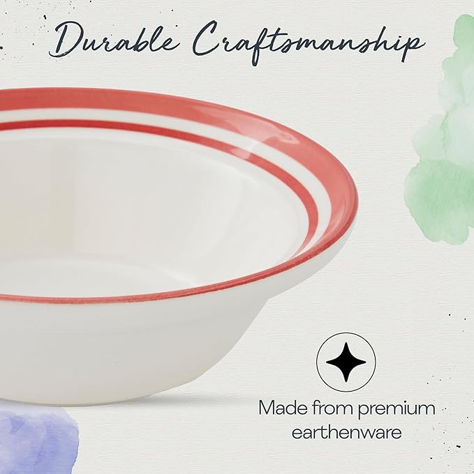 Portmeirion Potter’s Stripe Oatmeal Bowls (Set of 4) - Versatile Earthenware Bowls for Kitchen, Soups, Cereal & Desserts - Dishwasher & Microwave Safe - Made in UK Dinnerware Collection (Red Stripe)