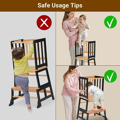 COSYLAND Kids Kitchen Step Stool Helper - Wooden Standing Tower for Kids with Anti-Tip Support Legs - Mothers' Helper Kids Learning Stool for Kitchen Counter (Black & Natural)
