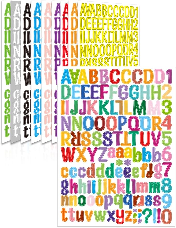 Uniclife 10 Sheets Letter Stickers, 1260 Pcs Scrapbook Stickers, 1 Inch Vinyl Number Alphabet Sticker, Self-Adhesive Stick on Letters for Mailbox Bottles Crafts Posters Decor, 10 Colors