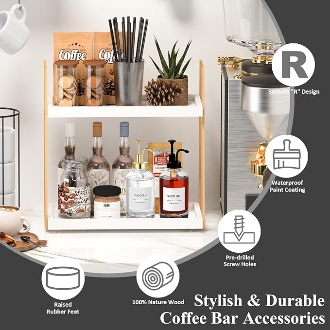 Coffee Bar Organizer for Countertop, 2 Tier Wooden Shelf for Coffeebar