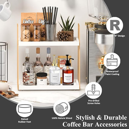 Coffee Bar Organizer for Countertop, 2 Tier Wooden Shelf for Coffeebar