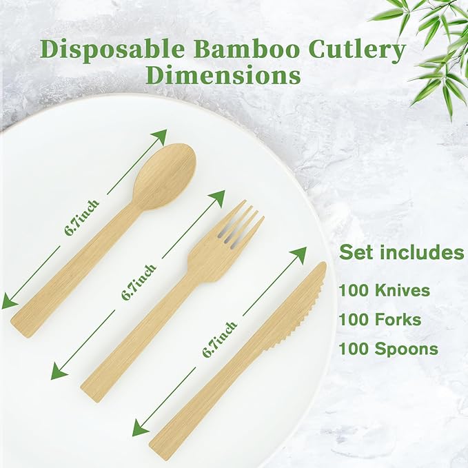 ECOLipak 300 Count Bamboo Cutlery Set, 100 Knives, Forks and Spoons each, No Splinters Disposable Cutlery Set Compostable Utensils for Party, Camping, Traveling, Family Dinners